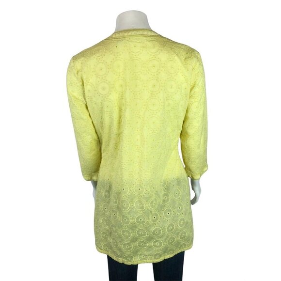 Chicos Womens Tunic Top 0 Small Button Eyelet Yellow 3/4 Sleeve - Picture 2 of 7